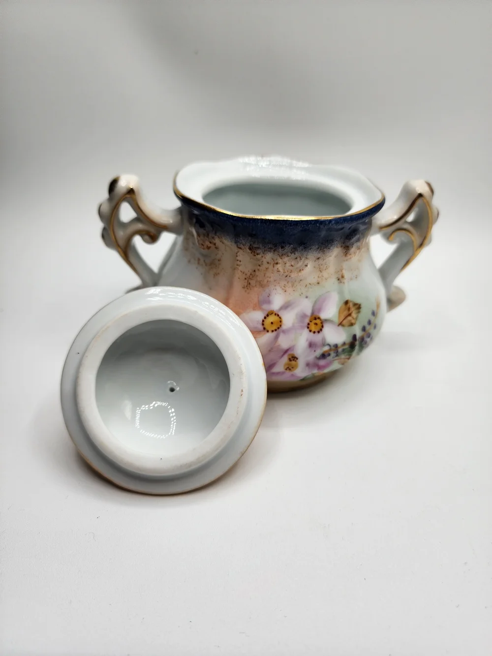 Vintage Porcelain Floral Sugar Bowl with Gold Accents Garden Scene English Tea
